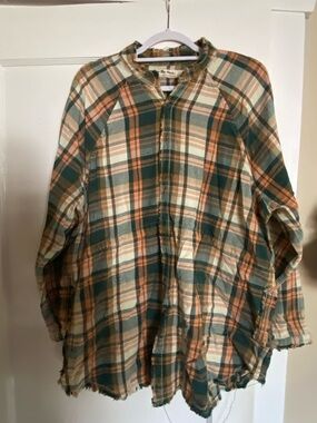 We The Free Plaid Frayed Collar Shirt Jacket in Green, Orange & Cream